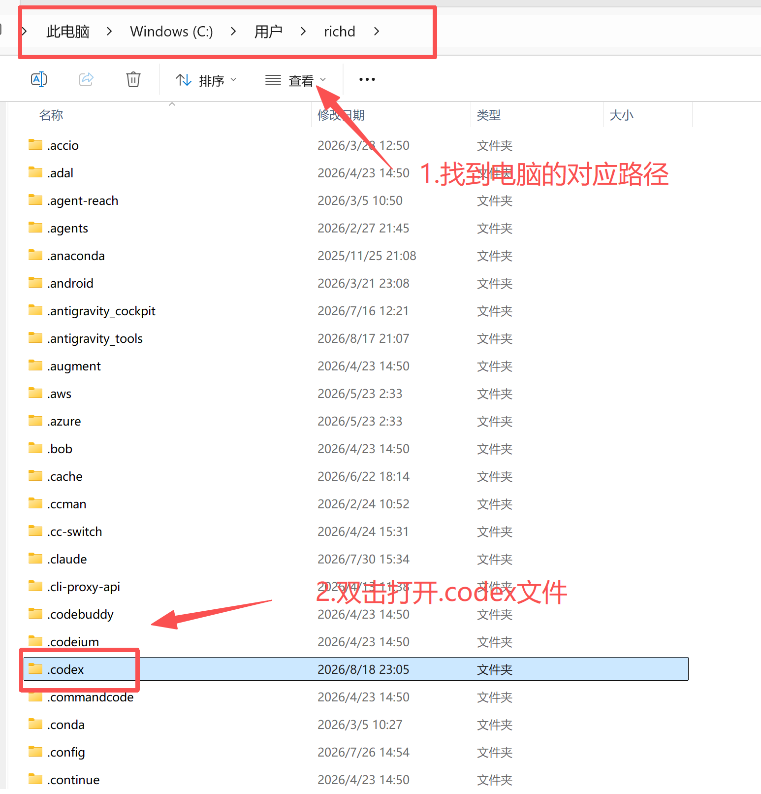 Windows 用户目录中的 .codex 文件夹